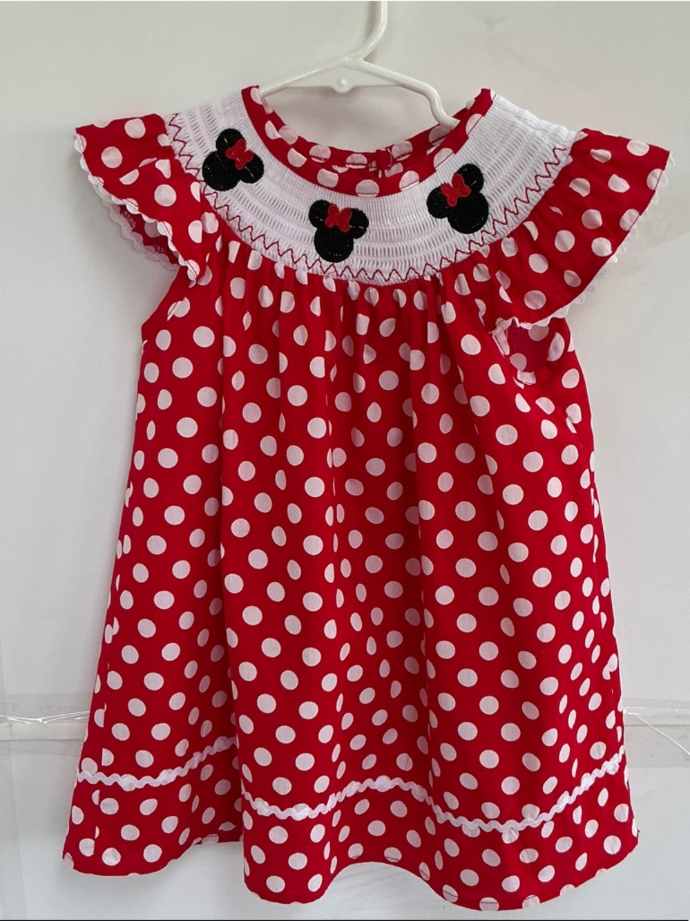 Red Polka Dot Smocked Girls Dress with Minnie Embroidery